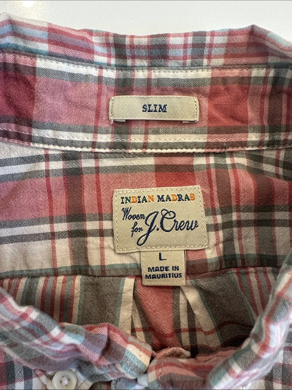J. Crew Indian Madras Slim Fit Plaid Button Down Shirt Mens Large Red Grey White